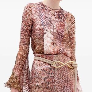 Silvia Tcherassi Thea Snakeskin-Print 100% Silk Laced Flare-Sleeve Blouse Size M